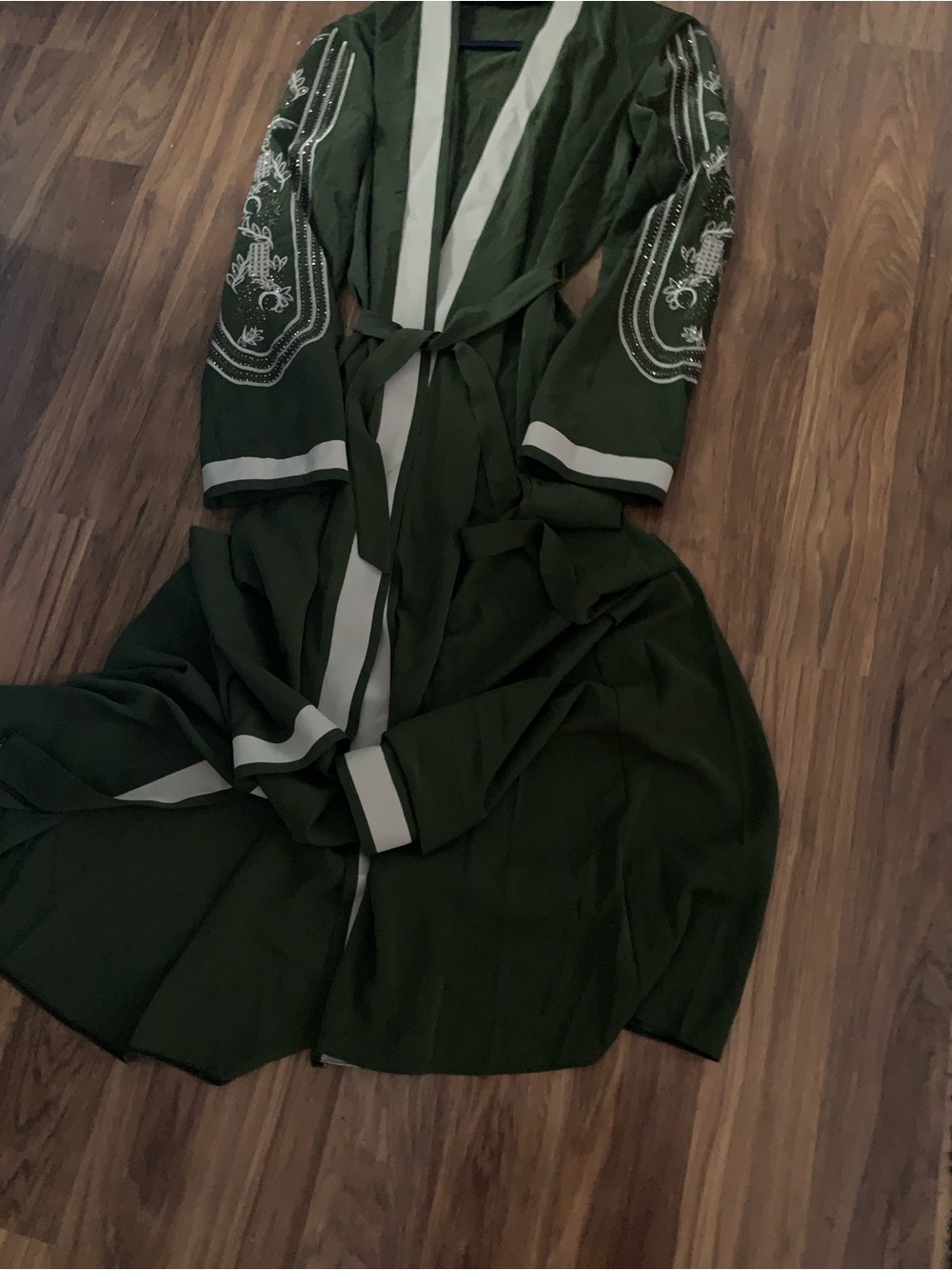 Olive Green Embroidered Long Wrap Abaya with Contrast Trim